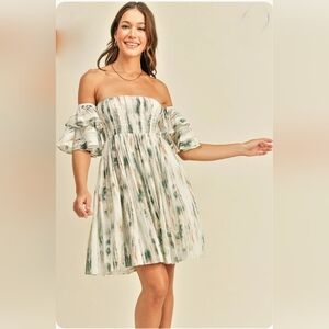 NWT Reset By Jane Off The Shoulder Ruffle Sleeve Smocked Mini Dress